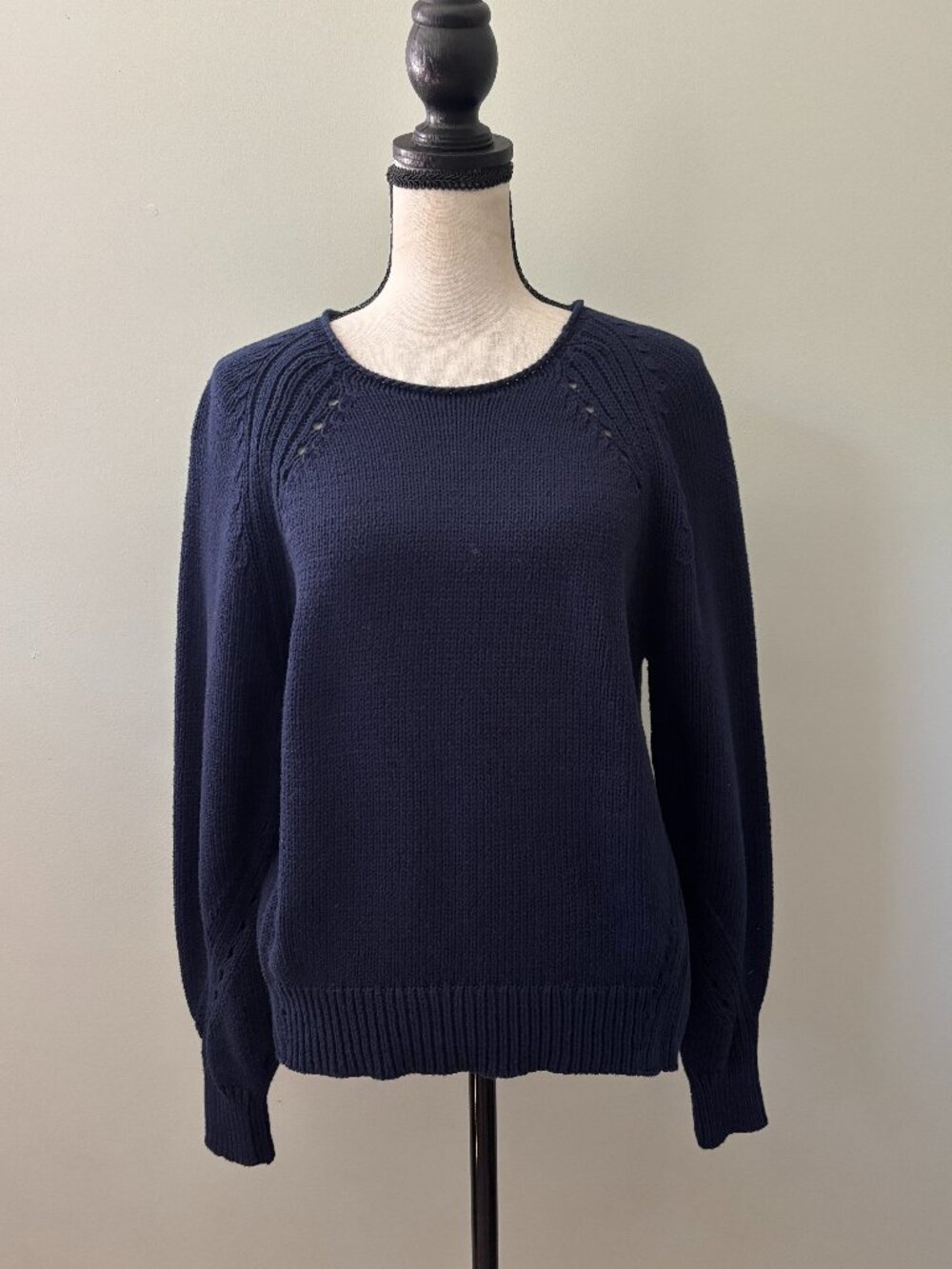 J.Crew Navy Pointelle-Trim Cotton Crewneck Sweater — Size S Like New